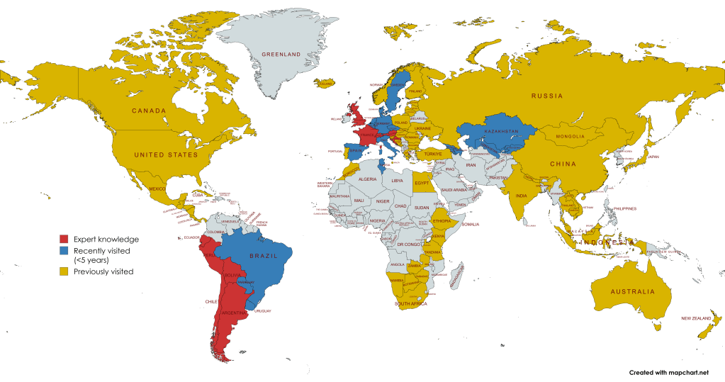 Places I have expert knowledge of: 
Argentina
Bolivia
Chile
Croatia
Ecuador
France
Peru
UK

Places I have recently visited (within 5 years):
Armenia
Azerbaijan
Barbados
Belgium
Brazil
Denmark
Dominica
Georgia
Germany
Italy
Kazakhstan
Kyrgyzstan
Liechtenstein
Luxembourg
Netherlands
Spain
USA
Uzbekistan

Places I have previously visited:
Andorra
Australia
Austria
Belize
Bosnia
Botswana
Bulgaria
Cambodia
Canada
China
Cook Islands
Costa Rica
Cuba
Czechia
Egypt
Estonia
Ethiopia
Finland
Greece
Guatemala
Honduras
Hungary
Iceland
India
Indonesia
Japan
Kenya
Laos
Latvia
Lithuania
Malaysia
Malta
Mexico
Monaco
Mongolia
Montenegro
Morocco
Namibia
Nepal
New Zealand
Nicaragua
Norway
Panama
Paraguay
Poland
Portugal
Romania
Russia
Singapore
Slovakia
Slovenia
South Africa
St Lucia
Sweden
Switzerland
Tanzania
Thailand
Turkey
Ukraine
Uruguay
Vatican
Vietnam
Zambia
Zimbabwe
